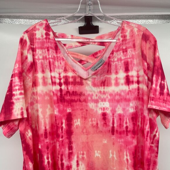 Catherines Tie Dye Midi Shift Dress Short Sleeve Lattice Back Pink/Multi Size 0X - Picture 2 of 8